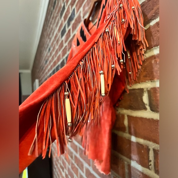 Vintage Custom Made burnt orange & black suede top with fringe beads and boning - Picture 6 of 16